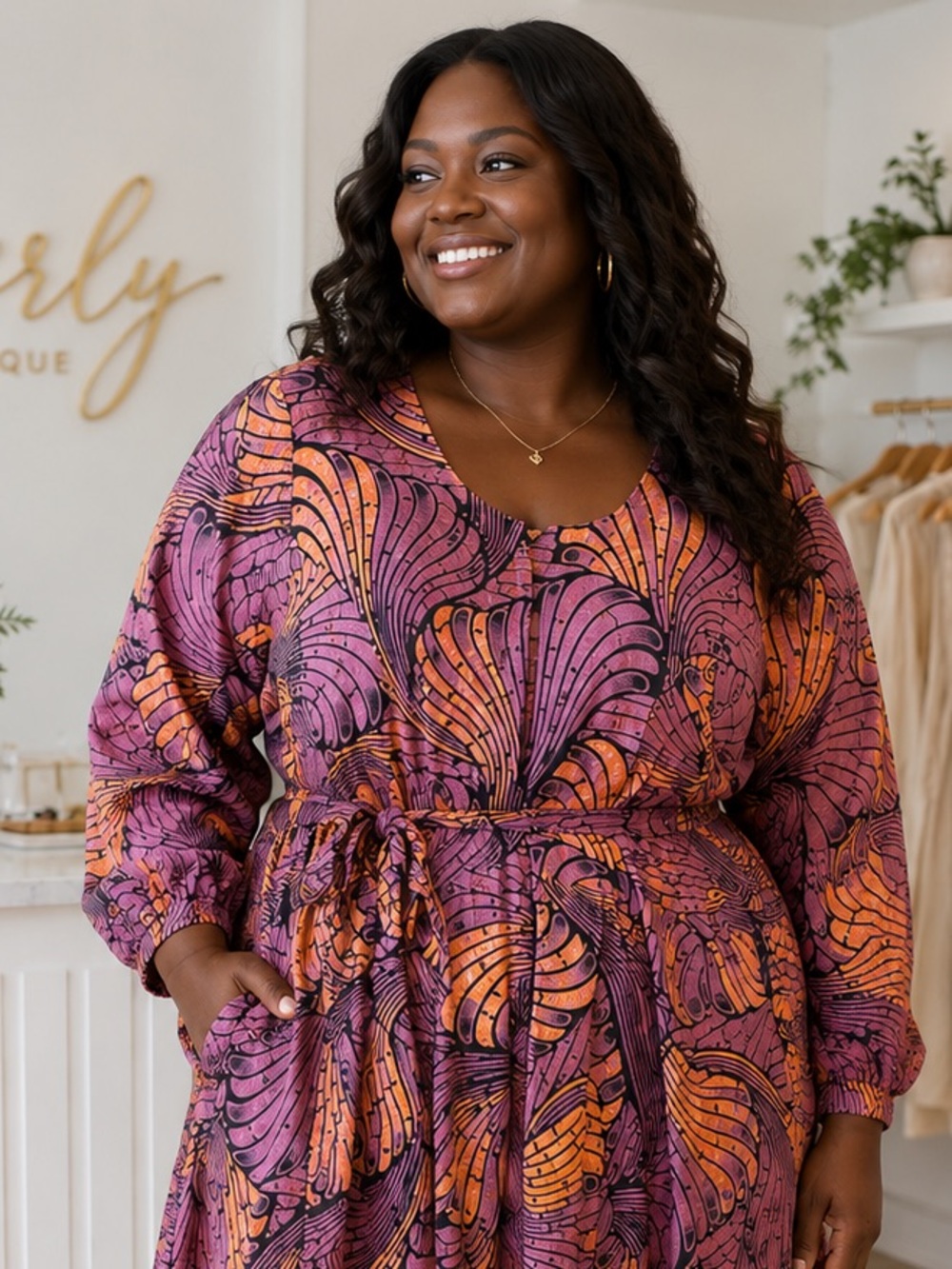 Ray Darten African Print Dress Purple & Orange Long Sleeve Drawstring Dress 4X - Picture 3 of 8